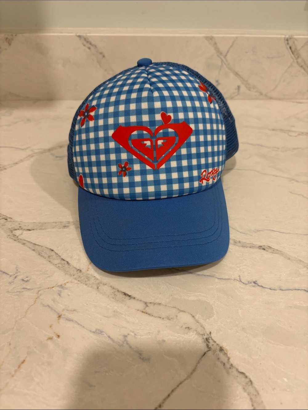 Roxy Blue Gingham Trucker Hat with Red Heart Logo